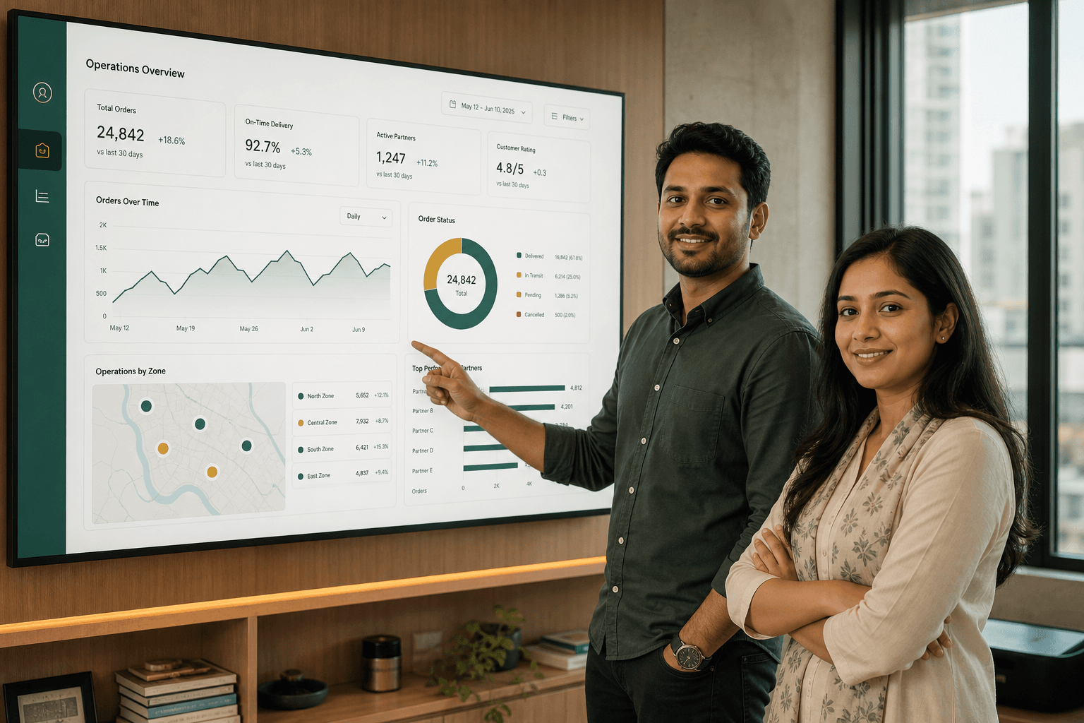 Product team validating real-world operations on dashboards and analytics
